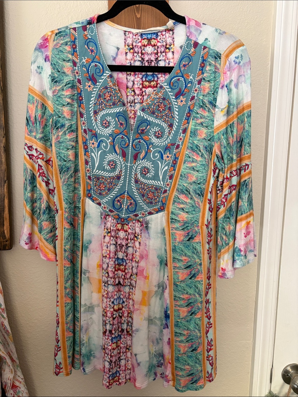 Soft Surroundings Teal, Pink & Yellow Boho V-Neck Tunic